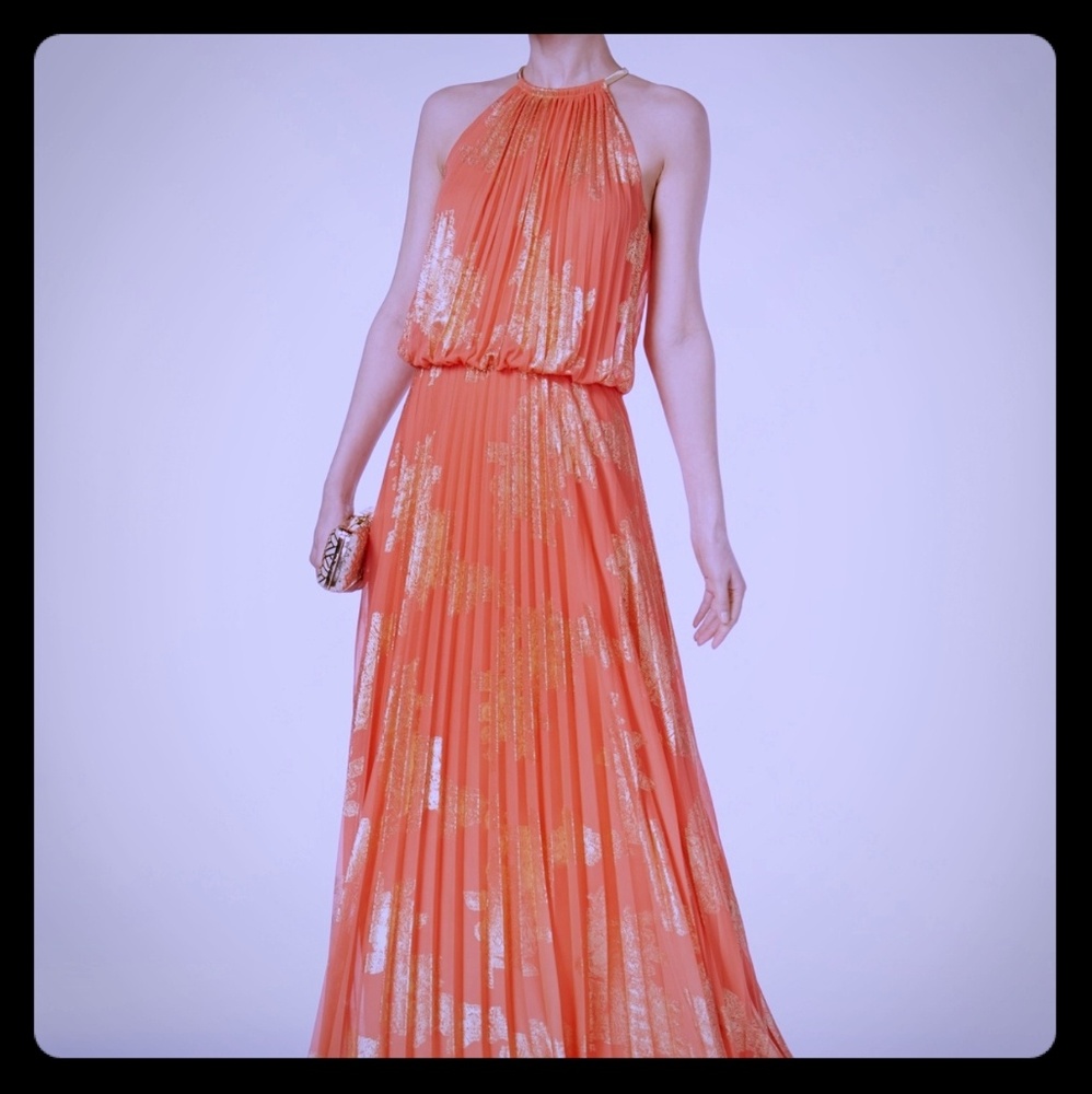 Metallic-Print Pleated Blouson Gown